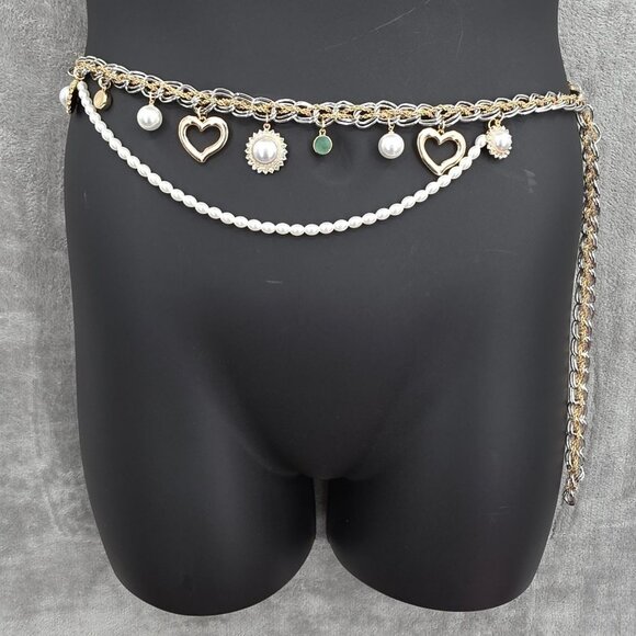 Lovers & Friends Jane Chain Belt Gold Silver Pearls Hearts Adjustable Bling New - Picture 13 of 13